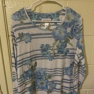 Alfred Dunner Blue and White Striped Floral Blouse